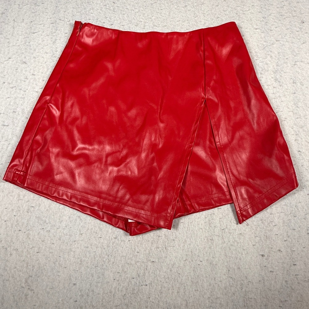 Milumia Red Faux Leather Wrap Skort Side Slit Mini Skirt Shorts Small NWT